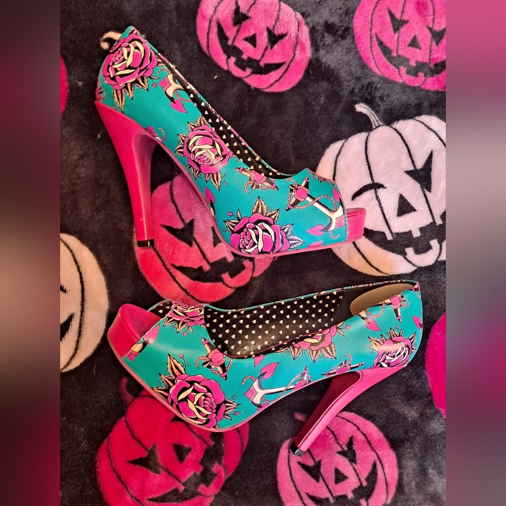 Iron Fist Sailor Anchor & Roses Pink and Turquoise Peep Toe Heels Size US 8 8.5